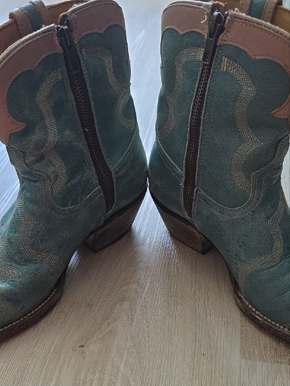Caborca Distressed Turquoise Leather Western Ankle Booties - Picture 6 of 15